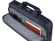 Mallette noire ouverte. À l'intérieur, un cahier marron, des stylos et un chargeur.