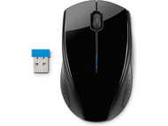Une souris sans fil noire avec un récepteur USB bleu à côté, sur une surface blanche. La souris est brillante.