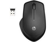 Souris sans fil HP noire avec un récepteur USB, sur fond blanc.