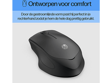 Charger l'image dans la galerie, Une souris sans fil noire avec le texte : Conçu pour le confort et un logo HP.
