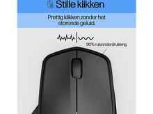 Charger l'image dans la galerie, Vue de dessus d'une souris d'ordinateur noire avec texte sur le clic silencieux et la réduction du bruit.
