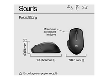 Charger l'image dans la galerie, Souris noire. Vue latérale et supérieure. Montre les dimensions et la molette.
