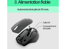 Charger l'image dans la galerie, Une souris HP noire dont le dessus est retiré, révélant le compartiment à piles et un récepteur USB.
