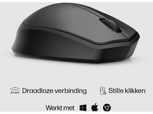 Charger l'image dans la galerie, Une souris sans fil noire avec des boutons et des icônes indiquant ses fonctionnalités.
