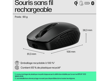 Charger l&#39;image dans la galerie, Souris sans fil noire avec mesures et texte en français.
