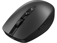 Souris sans fil HP noire. Comprend une molette de défilement, des boutons et le logo HP. Fond sombre.