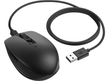 Charger l'image dans la galerie, Une souris d'ordinateur noire avec un câble et un connecteur USB sur fond noir.
