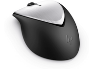 Souris d'ordinateur HP noire et argentée, sur fond blanc, avec le logo HP.