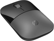 Souris HP grise. Design bicolore. Le dessus a une molette. Logo HP à droite.