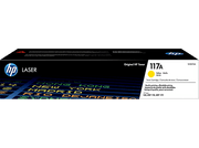 Boîte de cartouche de toner jaune HP 117A. Comprend le logo HP, des informations sur le produit et des détails de couleur.