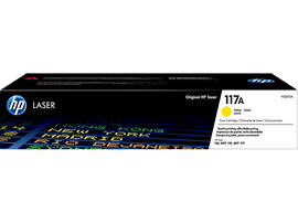 Boîte de cartouche de toner jaune HP 117A. Comprend le logo HP, des informations sur le produit et des détails de couleur.
