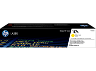 Boîte de cartouche de toner jaune HP 117A. Comprend le logo HP, des informations sur le produit et des détails de couleur.