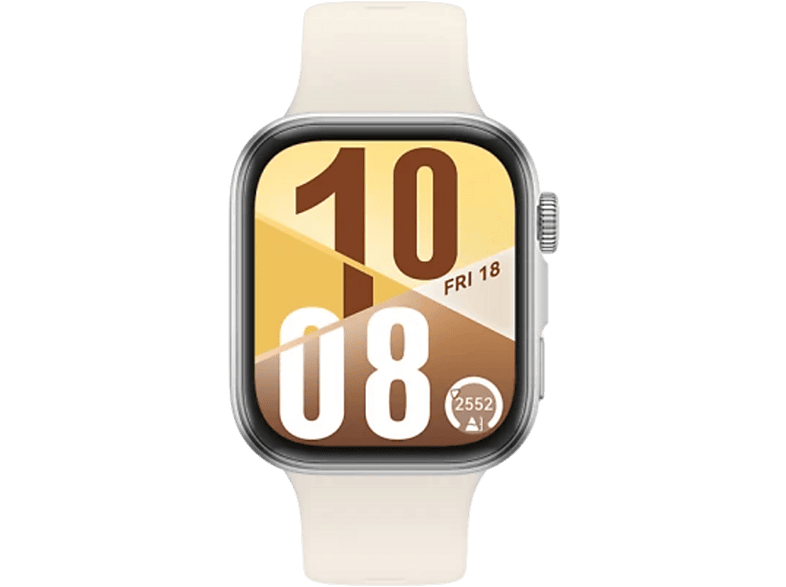 Une montre connectée crème affiche l'heure et la date, avec un bracelet crème clair.