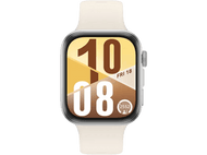 Une montre connectée crème affiche l'heure et la date, avec un bracelet crème clair.