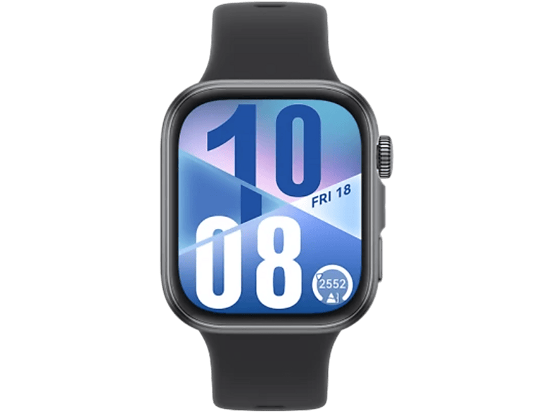 Montre connectée noire avec bracelet noir. L'écran affiche la date et l'heure.