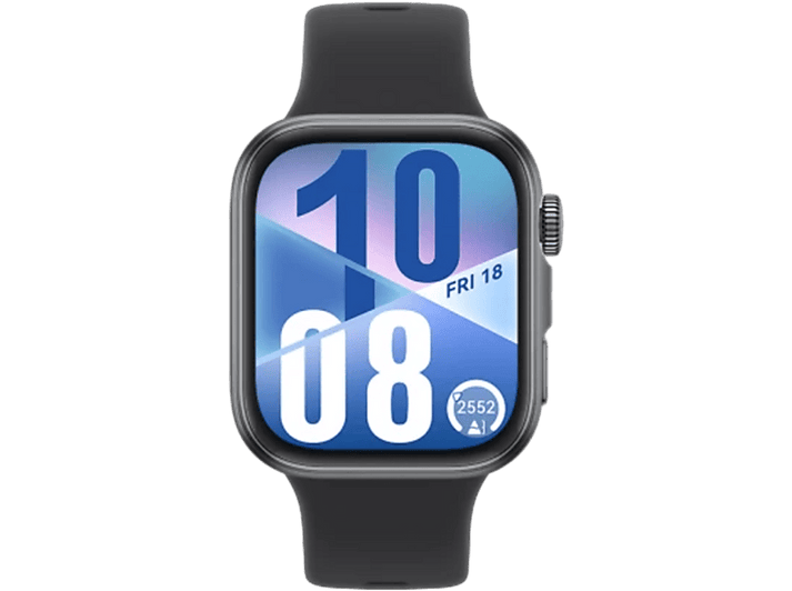 Montre connectée noire avec bracelet noir. L'écran affiche la date et l'heure.