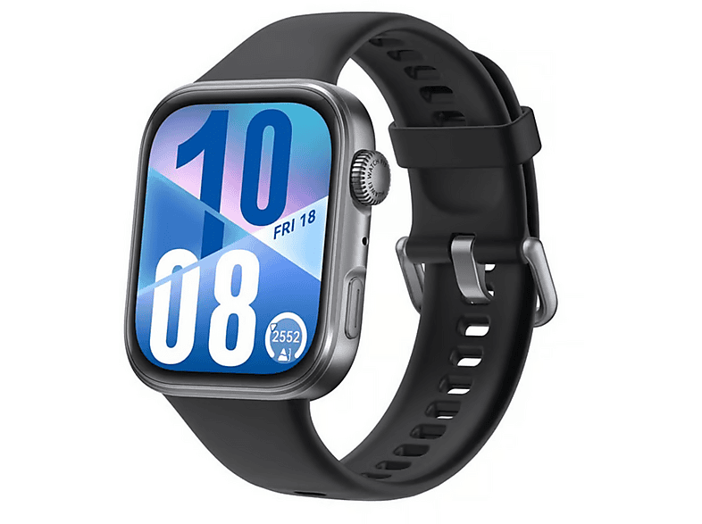 Montre connectée argentée avec bracelet noir. L'écran affiche la date et l'heure.