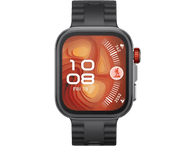 Une montre connectée gris foncé avec un bouton rouge affiche l'heure, la date et le suivi d'activité.