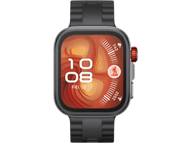 Une montre connectée gris foncé avec un bouton rouge affiche l