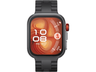 Une montre connectée gris foncé avec un bouton rouge affiche l'heure, la date et le suivi d'activité.