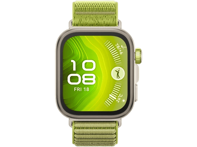 Une montre connectée verte avec un bracelet vert affiche l'heure, la date et une icône de golf.
