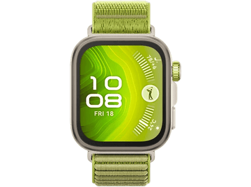 Une montre connectée verte avec un bracelet vert affiche l'heure, la date et une icône de golf.