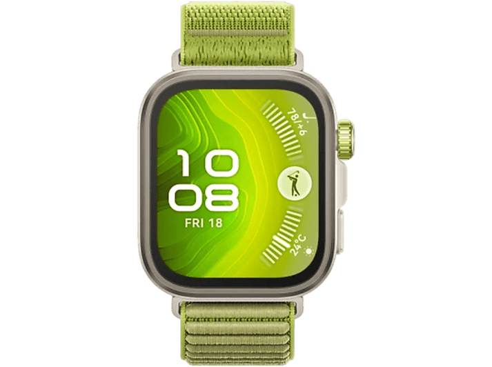 Une montre connectée verte avec un bracelet vert affiche l'heure, la date et une icône de golf.