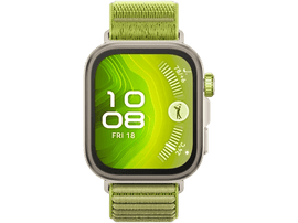 Une montre connectée verte avec un bracelet vert affiche l