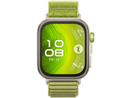 Une montre connectée verte avec un bracelet vert affiche l'heure, la date et une icône de golf.