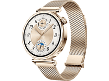 Charger l&#39;image dans la galerie, Montre connectée Huawei dorée. Comprend un cadran rond avec aiguilles analogiques et un bracelet en maille.
