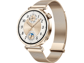 Montre connectée Huawei dorée. Comprend un cadran rond avec aiguilles analogiques et un bracelet en maille.