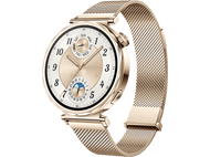 Montre connectée Huawei dorée. Comprend un cadran rond avec aiguilles analogiques et un bracelet en maille.