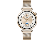 Charger l&#39;image dans la galerie, Une montre connectée de couleur or avec un bracelet en maille dorée et un fond blanc.
