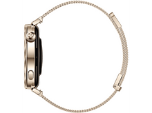 Charger l&#39;image dans la galerie, Vue latérale d&#39;une montre connectée dorée avec un bracelet métallique doré, sur fond blanc.
