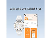 Charger l&#39;image dans la galerie, Apple Watch blanche et smartphone avec l&#39;application Huawei Health. Texte : Compatible avec Android &amp; iOS.
