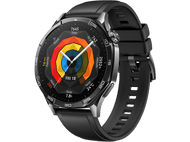 Montre connectée noire affichant l'heure, les pas et les statistiques, bracelet noir.