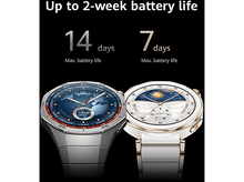 Charger l&#39;image dans la galerie, Deux montres connectées, une argentée et une blanche, avec des textes indiquant la durée de vie de la batterie.
