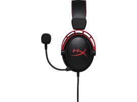 Casque gaming HyperX rouge et noir avec microphone sur fond noir.