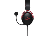 Casque gaming HyperX rouge et noir avec microphone sur fond noir.