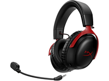 Charger l&#39;image dans la galerie, Casque de jeu noir et rouge avec microphone attaché, sur fond blanc, avec le mot HyperX sur le côté.
