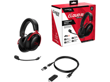 Charger l&#39;image dans la galerie, Casque de jeu noir et rouge avec accessoires. Boîte avec du texte.
