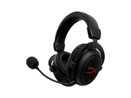 Casque noir avec microphone. Le logo HyperX est visible sur l
