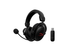 Charger l&#39;image dans la galerie, Casque noir avec microphone et dongle USB. Logo rouge sur l&#39;écouteur. Fond blanc.
