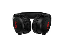 Charger l&#39;image dans la galerie, Casque de jeu noir avec logos et commandes rouges, vue de face.
