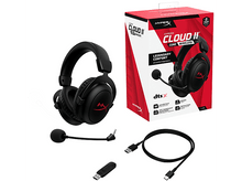 Charger l&#39;image dans la galerie, Casque sans fil HyperX Cloud II Core noir, boîte et accessoires sur surface blanche.
