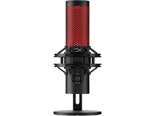 Charger l&#39;image dans la galerie, Microphone noir avec motif en nid d&#39;abeille rouge sur fond noir. Le microphone a une base ronde.
