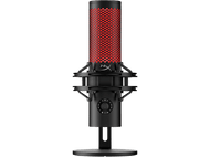 Microphone noir avec motif en nid d'abeille rouge sur fond noir. Le microphone a une base ronde.