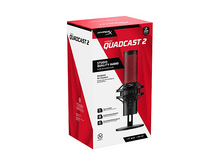 Charger l&#39;image dans la galerie, Boîte du microphone HyperX QuadCast 2. Contient l&#39;image du microphone et la description des fonctionnalités.
