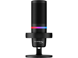 Un microphone HyperX noir. Il a des lumières colorées autour de la base.