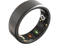 Bague intelligente noire avec un design incurvé, avec des composants électroniques.